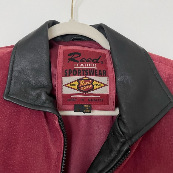 Burgundy and black suede genuine leather jacket with black leather trim size S - Picture 3 of 8